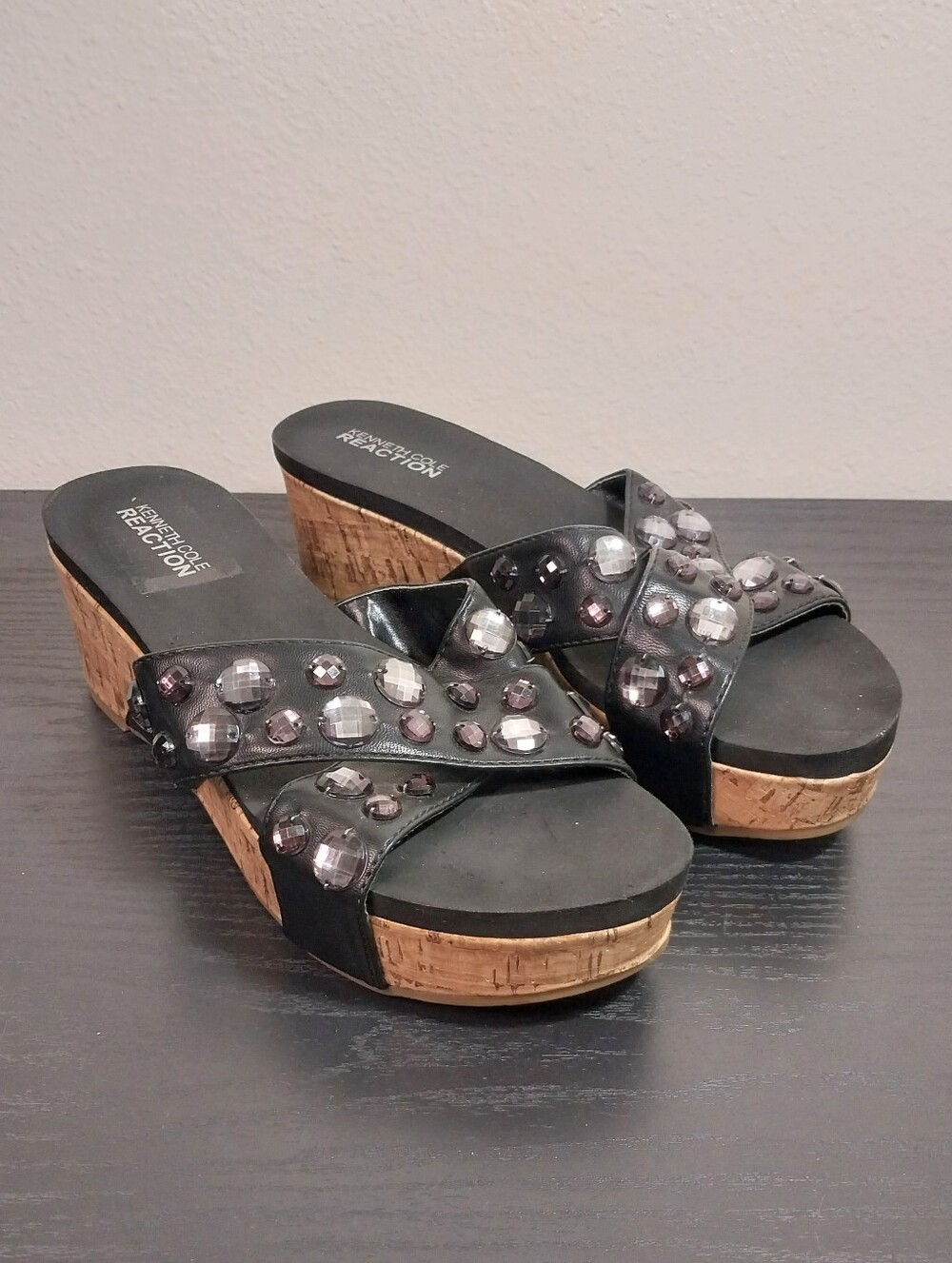 Kenneth Cole Reaction Black Embellished Cork Wedge Sandals Size 8M